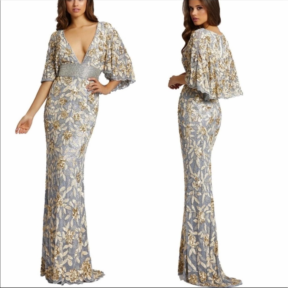 MAC DUGGAL Gown Platinum Gold Flounce Sequined Long Dress 4 NWT